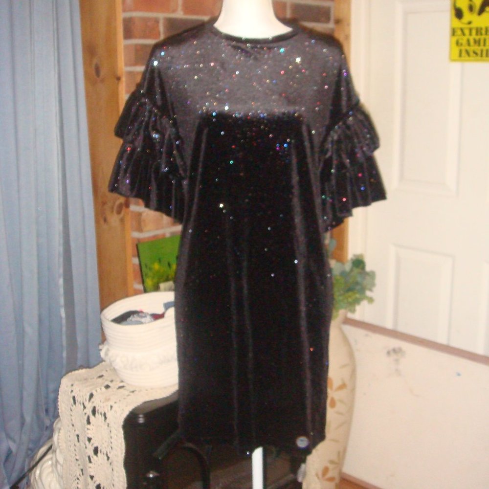 H&M Velour Black SPARKLE Ruffle Sleeve Party Dress XS